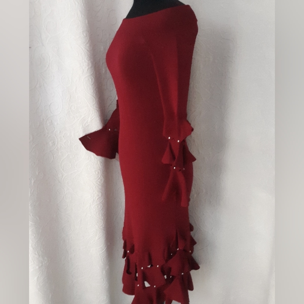 Johnathan Simkhai Ruby Red Knit Stud Ruffle Dress… - image 3